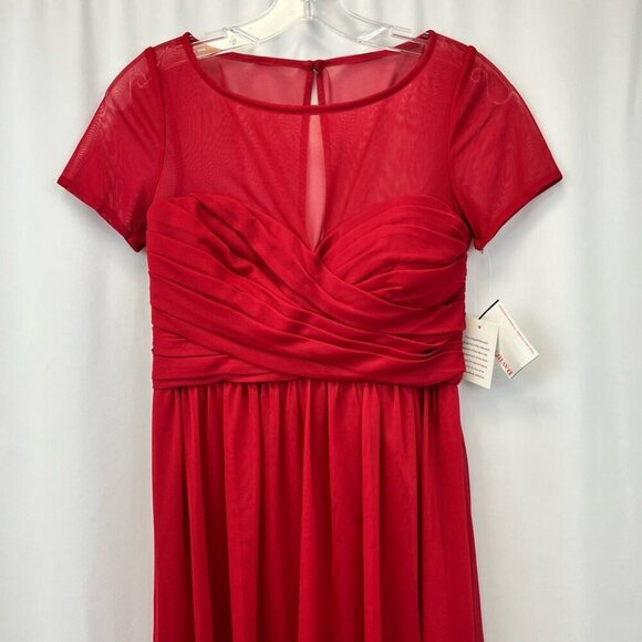 Davids Bridal Womens A Line Dress Red Short Sleeve Illusion Neck Button 6 New - Picture 2 of 11